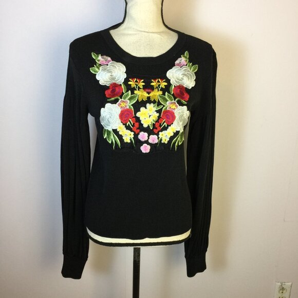 Magaschoni Sweaters - Magaschoni Sweater XL Womans Black Silk Blend Floral Embroidered Balloon Sleeve